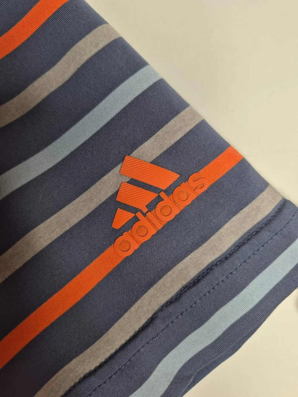 Adidas Mens XL Short Sleeve Stretchy Striped Logo Polo Shirt Blue Gray Orange